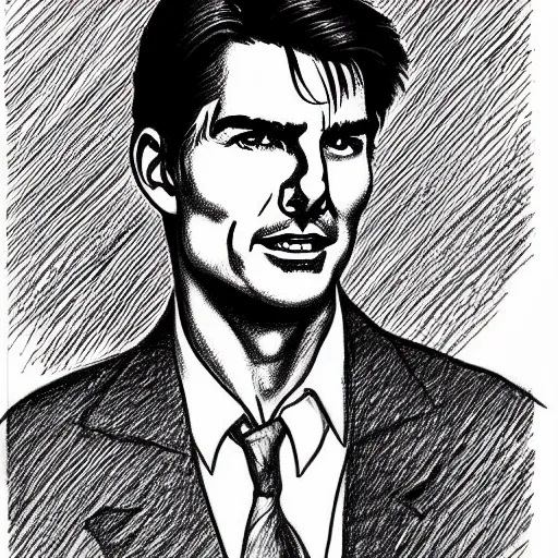 Image similar to a portrait drawing of Tom Cruise drawn by Robert Crumb