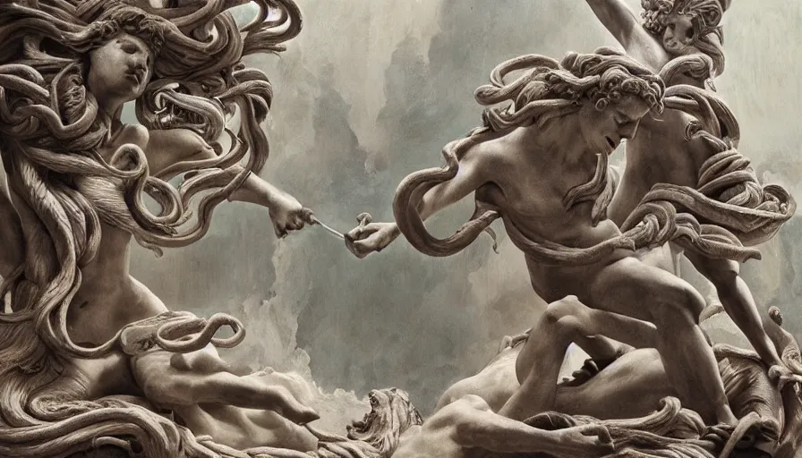 Prompt: medusa vs zeus statues. painting, intricate, 8 k, epic, portfolio, detailed and intricate environment, atmospheric lighting
