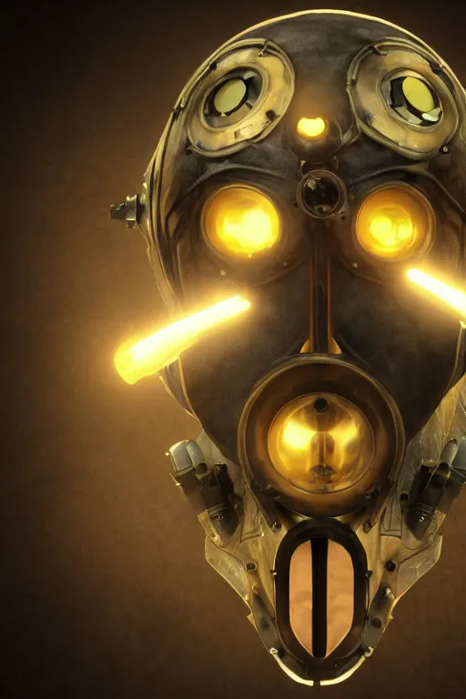 Image similar to steampunk mask minimalist fantasy art robot ninja helmet, global illumination ray tracing hdr fanart arstation by sung choi and eric pfeiffer and gabriel garza and casper konefal radiating a glowing aura