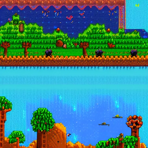 Prompt: screenshot of pixel art landscape, night sky reflected in the water, stardew valley