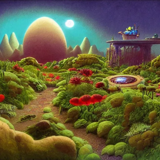 Image similar to a garden on the moon, 8 k, lowbrow, in the style of martin johnson heade, roger dean and alexander jansson, artstation,