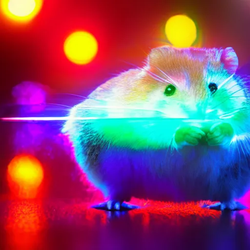 Image similar to hamster! holding rainbow! gem! crystal in a cyberpunk city, neon lights, light reflection, logo, 8 k, hd