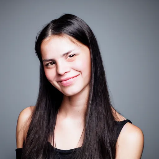 Image similar to young woman with shoulder - length messy black hair, slightly smiling, 1 3 5 mm nikon portrait