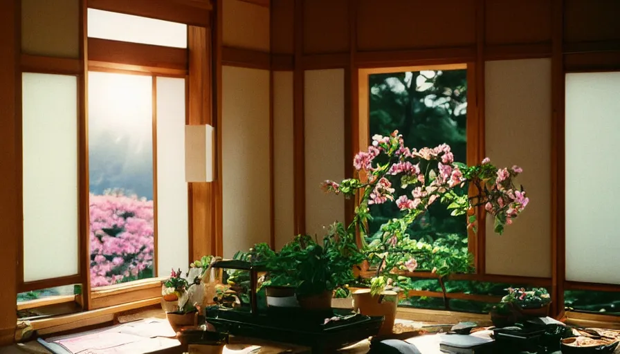 Image similar to 1 9 9 0 s candid 3 5 mm photo of a beautiful day in the a dreamy japanese flowery cottage designed by gucci, cinematic lighting, cinematic look, golden hour, a desk for flower arrangements and journaling has sun shinning on it through a window, temple in the distance, uhd