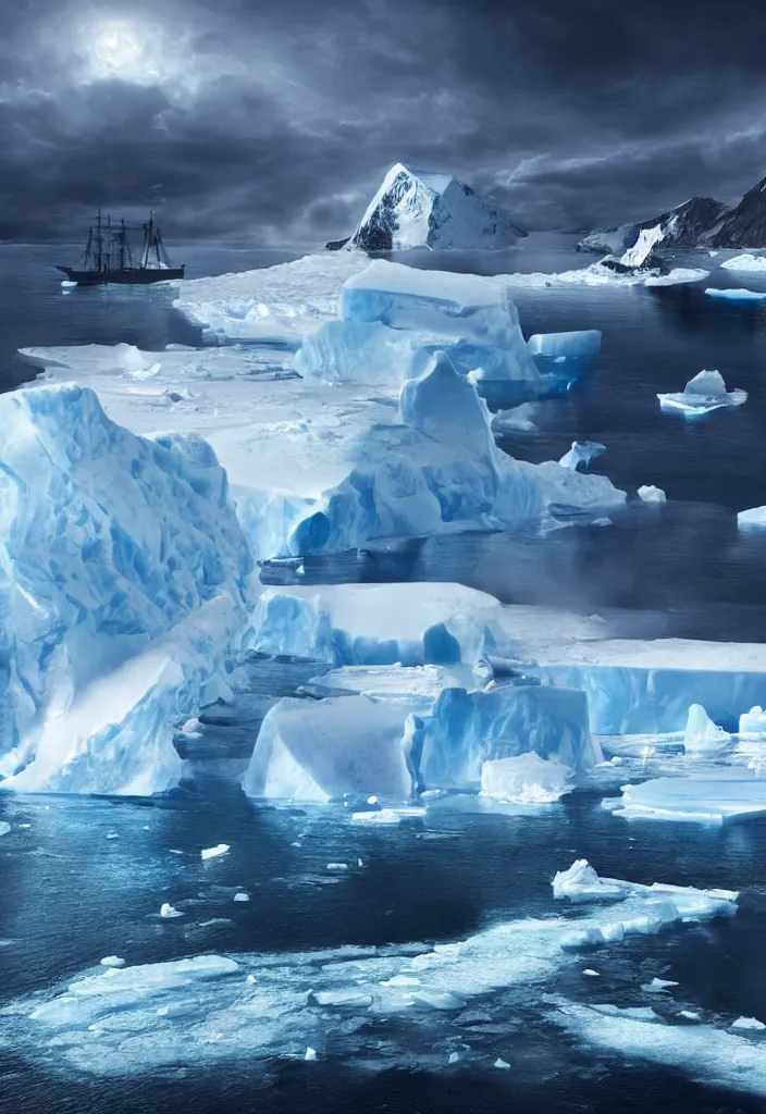 Image similar to ship being persecuted by a police ship over raging turbulent waters in antartica, icebergs in the background, hyper realistic, highly detailed, digital art, apocalyptic, intimidating lighting, raytracing, sharp focus, smooth, romanticism