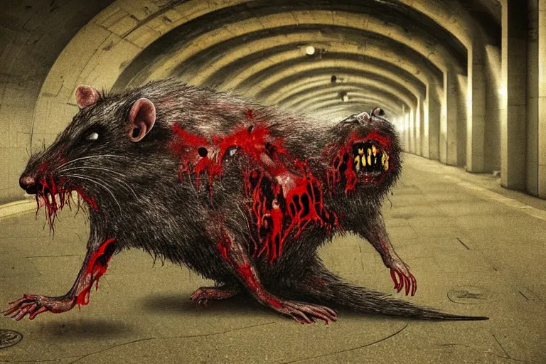 Prompt: very large giant mutant zombie irradiated angry rat staying on railways in tonnel of moscow subway. extreme high detail, very realistic. low dark light, scary mood. hermann nitsch