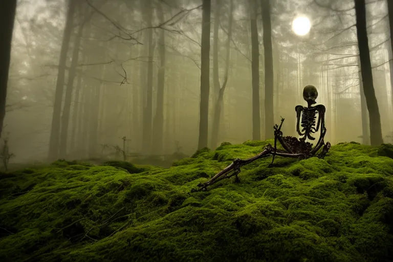 Image similar to a burning human skeleton sitting in foggy forest behind computer at moonlight night, overgrown with moss, light, dark atmosphere, dark fantasy, highly detailed