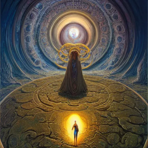 Image similar to The portal master tarot card by Tomasz Alen Kopera and Salvador Dali and moebius, impressive perspective, seen from above, masterpiece, 8k, dynamic lighting, Highly Detailed, trending on artstation