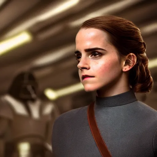 Image similar to Emma Watson in Star Wars, XF IQ4, 150MP, 50mm, f/1.4, ISO 200, 1/160s, natural light, Adobe Photoshop, Adobe Lightroom, DxO Photolab, Corel PaintShop Pro, polarizing filter, Sense of Depth, AI enhanced, HDR