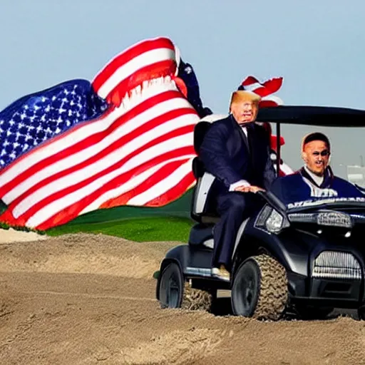Prompt: donald trump riding a nuke, dirt bikes, golf cart, america flag, prison