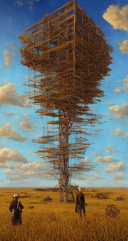 Prompt: surreal building construction, ladders to the sky in the steppe, in game pathologic 2, by jacek yerka, by levitan, oil on canvas, acrylic, digital art, royal academy, masterpiece, trending on artstation, cinematic composition, sharp, details, hyper - detailed, hd