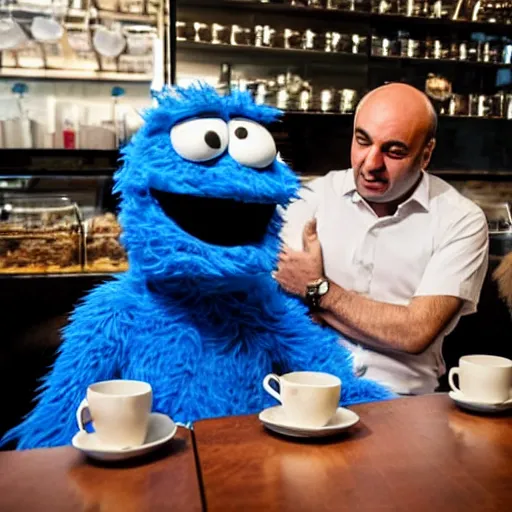 Image similar to lebanese Kevin O'leary talking with cookie monster, in a café