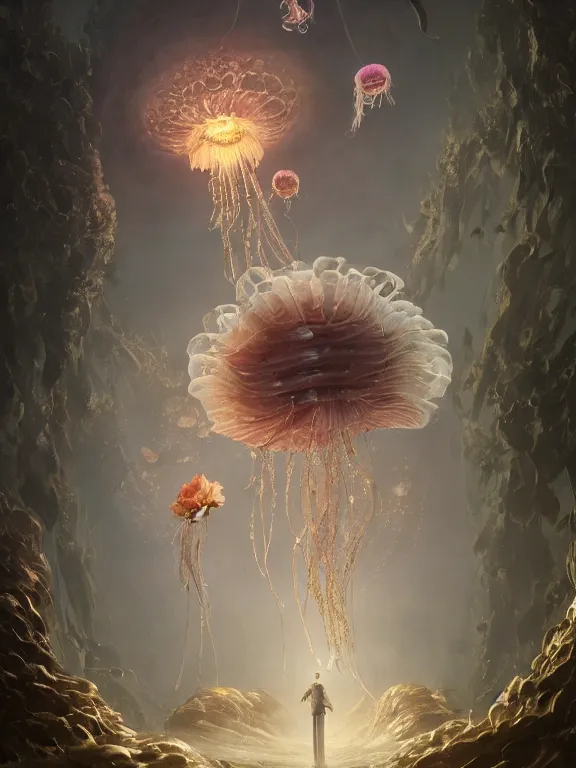 Prompt: a fancy portrait of a giant floating flower and jellyfish by Greg Rutkowski, Sung Choi, Mitchell Mohrhauser, Maciej Kuciara, Johnson Ting, Maxim Verehin, Peter Konig, Bloodborne , 8k photorealistic, cinematic lighting, HD, high details, atmospheric , trending on artstation