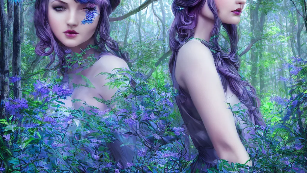 Prompt: art deco forest, blue and purple, ultra detail, photoreal, professionally retouched, wide angle, 8 k high definition, insanely detailed, intricate, elegant, art by artgerm and wlop