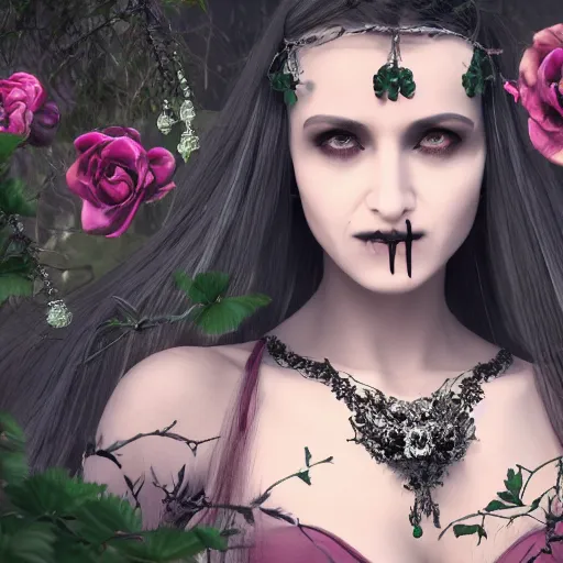 Prompt: A portrait of a Gothic goddess of floral jewels in an empty land, dark and mysterious, lively atmospheric, cinematic, 8k, 4k, ultra detail, ultra-realistic, rendered by Artstation