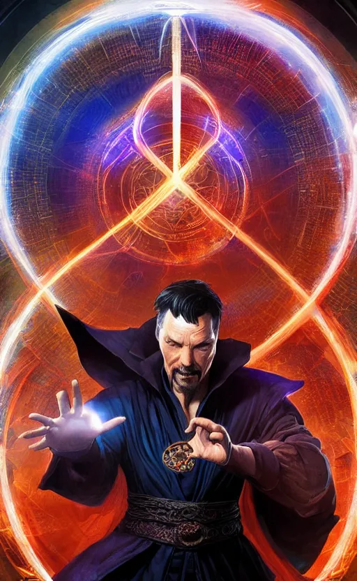 Prompt: dr strange looking into a portal hopping and time warping with reckless abandon, masterpiece digital painting by Greg Rutkowski, Alex Grey, artstation, 4k wallpaper