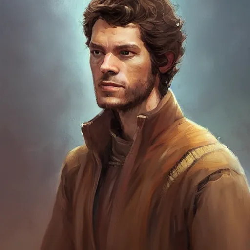 Image similar to portrait of a man by greg rutkowski, jedi kinght that looks like adam brody, messy brown hair, star wars expanded universe, he is about 3 0 years old, highly detailed portrait, digital painting, artstation, concept art, smooth, sharp foccus ilustration, artstation hq