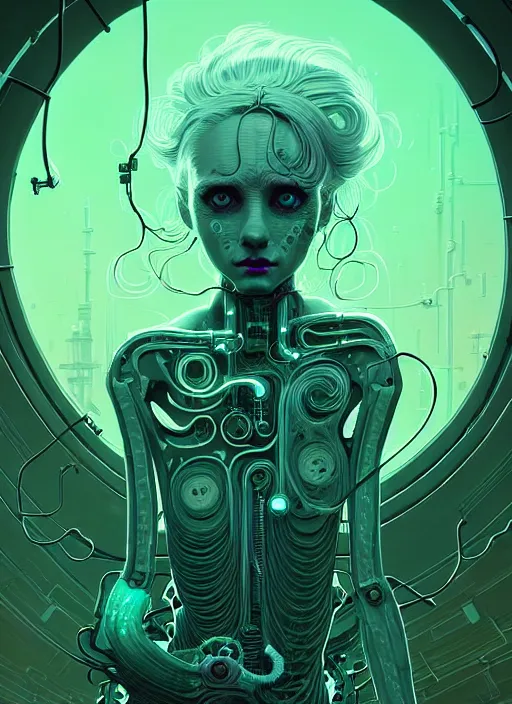 Image similar to highly detailed portrait of a biopunk long curly white hair tribal lady, stray wiring by atey ghailan, james gilleard, by joe fenton, by greg rutkowski, by greg tocchini, by kaethe butcher, 4 k resolution, gradient green, black and white color scheme!!! ( ( irradiated robotic cavern background ) )