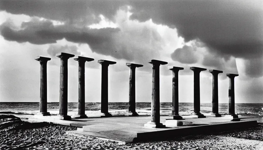 Image similar to A 1985 vintage magazine architecture photo of a beach doric temple, mediterranean architecture, refracted lines and sparkles, thunderstorm outside, beach on the background major arcana sky and occult symbols, hyperrealistic, award-winning, 1985