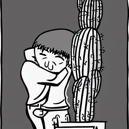 Image similar to sentimental boy hugging a cactus, line art, black and white