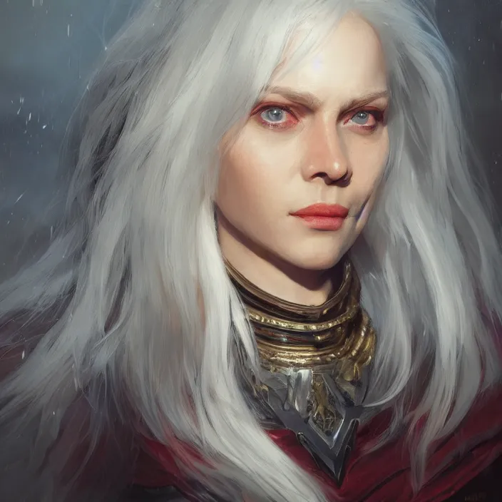 Prompt: a realistic detail portrait of a beautiful female angle has white hair in middle - earth, magic, dragon, oil painting by julian calle, wlop, greg rutkowski, finnian macmanus, syd mead trending on artstation, red and yellow scheme, 8 k, unreal engine, wide - angle lens