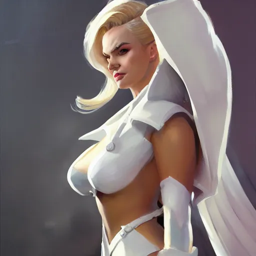 Image similar to Greg Manchess portrait painting of Emma Frost as Overwatch character, medium shot, asymmetrical, profile picture, Organic Painting, sunny day, Matte Painting, bold shapes, hard edges, street art, trending on artstation, by Huang Guangjian and Gil Elvgren and Sachin Teng