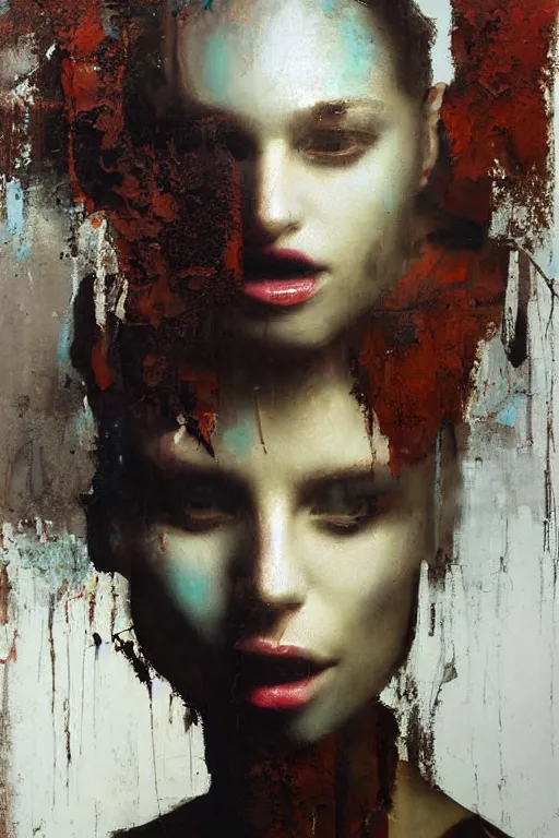 Image similar to a beautiful glitched painting by christian hook of a woman in a bathroom, metal rust and plaster materials, brushstrokes by jeremy mann, still life, dark colors