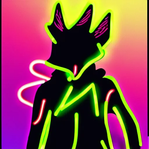 Prompt: a fox wearing a black hoodie with glowing neon stripes, in the style of anime