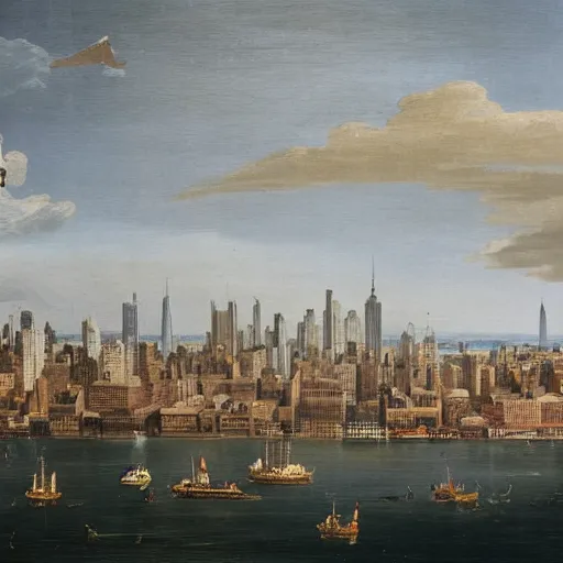 Prompt: 18th century painting of the New York City skyline