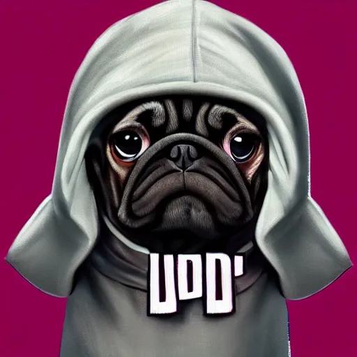 Image similar to a sad pug wearing a hoodie, the word'sad'is written on the hoodie in upper case letter, synthwave style, trending on artstation, matte painting