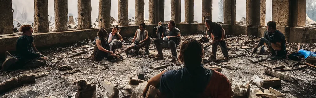 Prompt: group huddled around a fire in a decaying building with the world outside overgrown and in ancient architecture ruins from a higher perspective with dramatic lighting photographed with an animorphic lens, rendered in a cinematic hazy dusk atmosphere