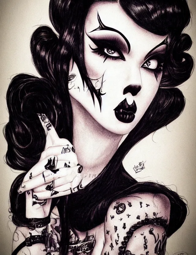 Prompt: of a goth girl burlesque psychobilly, rockabilly, punk, black hair, detailed face, white background, drawing, illustration