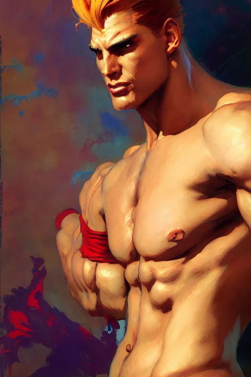 Image similar to street fighter, attractive male, character design, dynamic lighting, cool and bright tint, painting by gaston bussiere, craig mullins, j. c. leyendecker, tom of finland