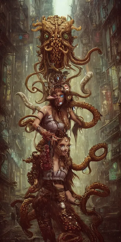 Image similar to hyper realistic Princess Mononoke attacking Cthulhu with a golden sword, ornate mask, wet market street, rainy atmosphere, cyberpunk metropolis, city landscape, jewels, full body pose, style of tom bagshaw, mucha, james gurney, norman rockwell, denoised, sharp