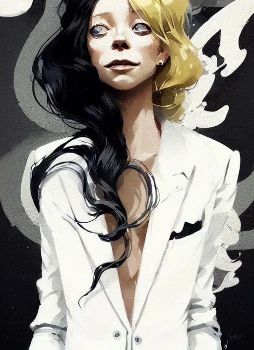 Image similar to highly detailed closeup portrait of beautiful portia doubleday, blonde wavy hair, angela moss, white suit by atey ghailan, by greg rutkowski, by greg tocchini, by james gilleard, by joe fenton, by kaethe butcher, gradient yellow, black and white color scheme, grunge aesthetic!!! ( ( graffiti tag wall background ) )