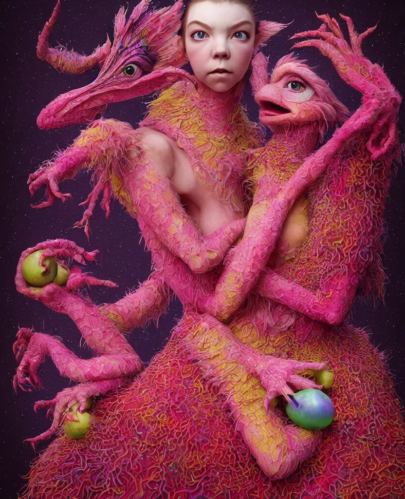 Prompt: hyper detailed 3d render like a Oil painting - kawaii portrait of two Aurora (a beautiful skeksis muppet fae princess protective playful expressive acrobatic from dark crystal that looks like Anya Taylor-Joy) seen red carpet photoshoot in UVIVF posing in scaly dress to Eat of the Strangling network of yellowcake aerochrome and milky Fruit and His delicate Hands hold of gossamer polyp blossoms bring iridescent fungal flowers whose spores black the foolish stars by Jacek Yerka, Ilya Kuvshinov, Mariusz Lewandowski, Houdini algorithmic generative render, golen ratio, Abstract brush strokes, Masterpiece, Edward Hopper and James Gilleard, Zdzislaw Beksinski, Mark Ryden, Wolfgang Lettl, hints of Yayoi Kasuma and Dr. Seuss, octane render, 8k