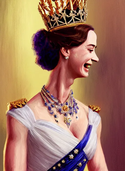 Image similar to portrait of emily blunt as queen, laughing, jewelry, greek, sapphire, victorian age, 1 8 9 0, intricate, headshot, key visual, conceptart, ambient lighting, highly detailed, digital painting, artstation, concept art, sharp focus, by makoto shinkai and akihiko yoshida and greg manchess