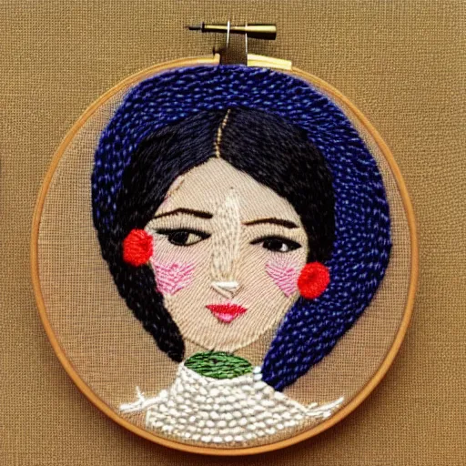 Image similar to a tiny beautiful handmade embroidery of a woman. hand embroidery.