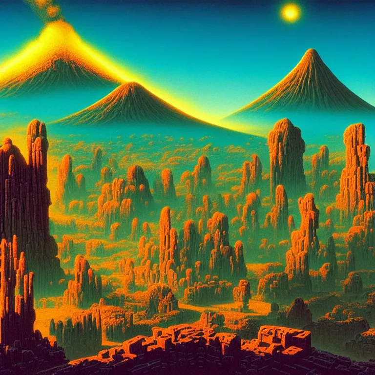 Image similar to ancient stone monuments over sprawling mysterious town, volcano valley, infinite sky, ( ( ( synthwave ) ) ), bright neon colors, highly detailed, cinematic, tim white, michael whelan, roger dean, bob eggleton, philippe druillet, vladimir kush, kubrick, haeckel, alfred kelsner