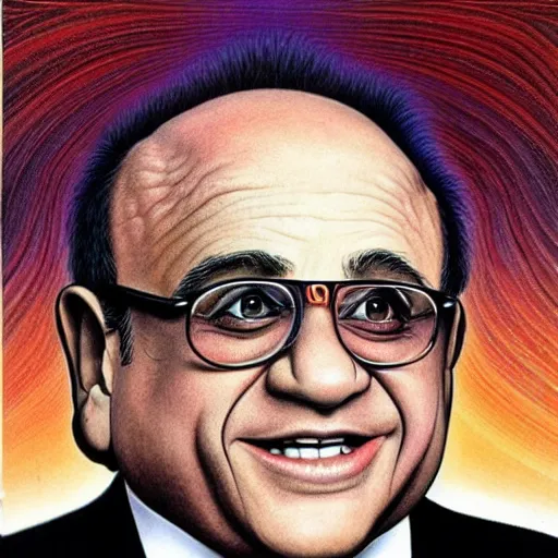 Prompt: Danny Devito Drawn by Alex Grey