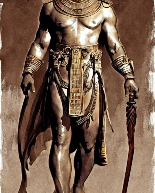 Image similar to concept art by anders zorn and craig mullins depicting djimon hounsou as a tall and very lean temple guard dressed in ancient egyptian decorative armor, flowing robes, harem pants, and leather strapped sandals