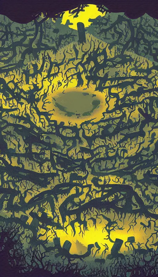 Image similar to a storm vortex made of many demonic eyes and teeth over a forest, by kurzgesagt,