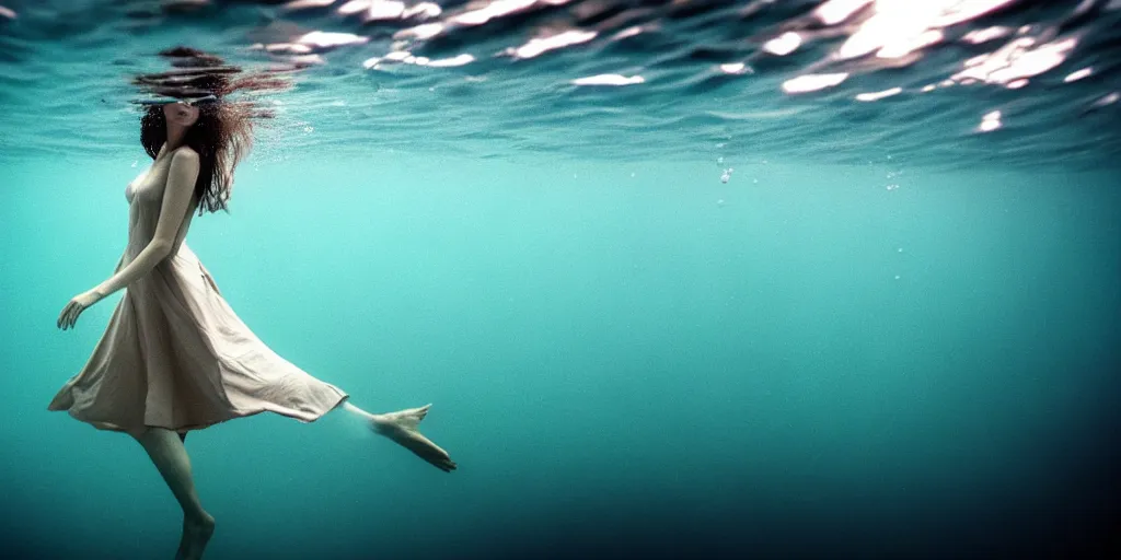 Image similar to deep underwater photography of beautiful model in flat dress by emmanuel lubezki