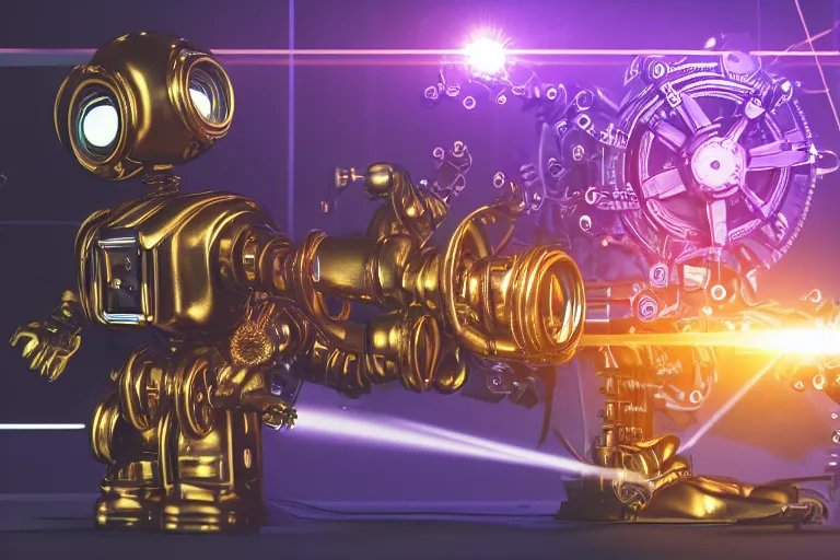 Image similar to photo of a golden and blue metal steampunk office robot with gears and tubes sitting in a modern office, on the office table is a suitcase with money bills, eyes are glowing red lightbulbs, shiny crisp finish, 3 d render, 8 k, insaneley detailed, fluorescent colors, background is multicolored lasershow