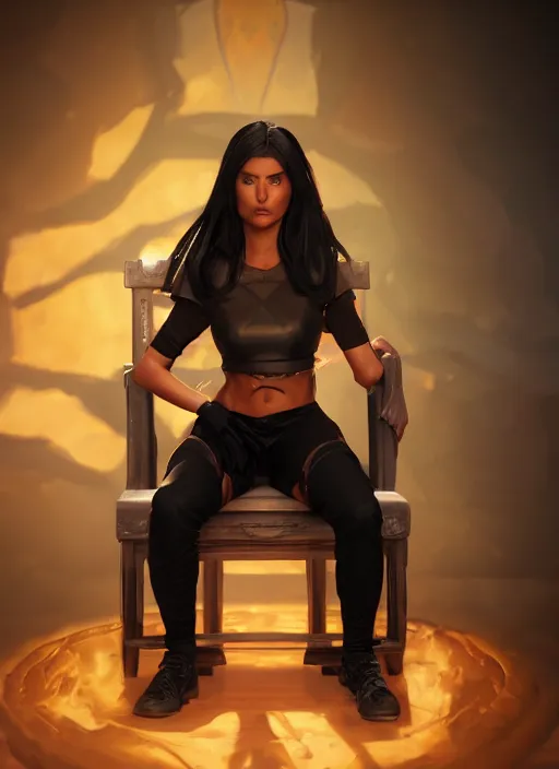 Image similar to An epic fantasy comic book style portrait painting of a tan woman with black hair in a pony tail and serious eyes sitting on a large chair, unreal 5, DAZ, hyperrealistic, octane render, cosplay, RPG portrait, dynamic lighting