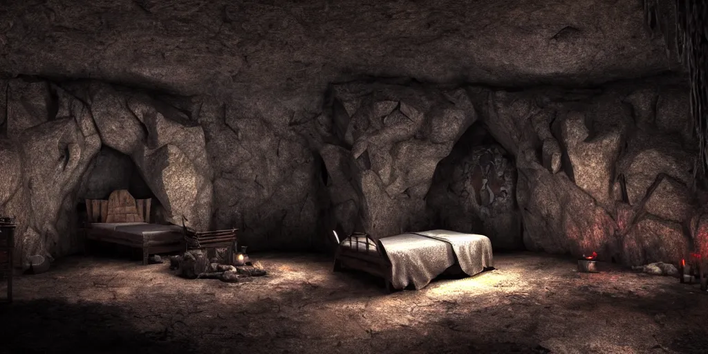 Prompt: a bed in a secret cave, dark, spooky, dreamlike, lava, satanic symbols in the style of 1 3 ghosts movie, low light, hyperrealistic, coherent composition, artstation, matte painting, concept art, edward hughes hyper detailed, photo realistic, unreal engine, octane render, post processed 4 k