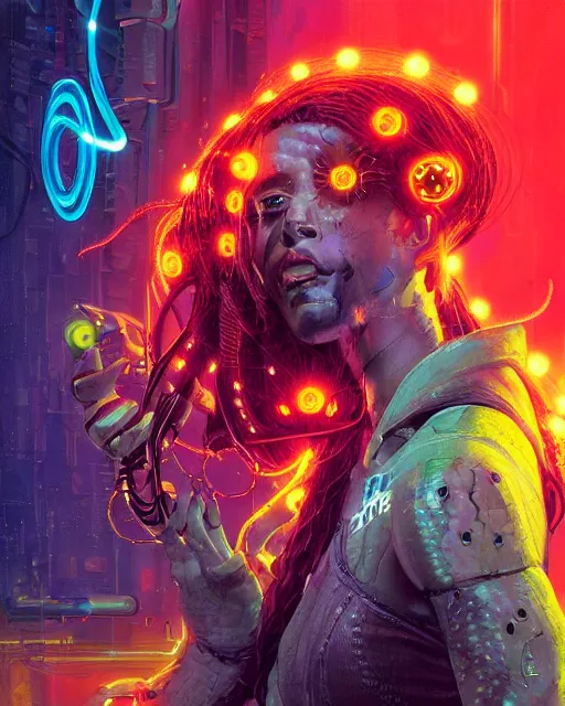 Image similar to a cyberpunk close up portrait of cyborg medusa, electricity, snakes in hair, sparks, bokeh, soft focus, skin tones, warm, blue, sunny sky, by paul lehr, jesper ejsing