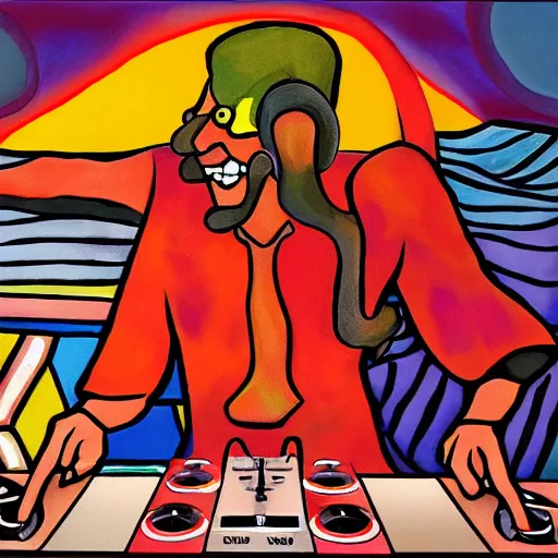 Prompt: painting of the devil as a dj with hand on record spinning