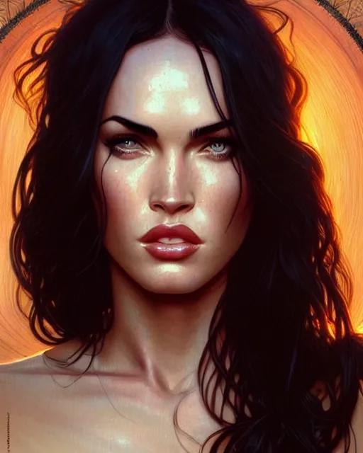 Image similar to portrait of megan fox with sultry face expression, intricate, headshot, highly detailed, digital painting, artstation, concept art, sharp focus, cinematic lighting, illustration, art by artgerm and greg rutkowski, alphonse mucha, cgsociety