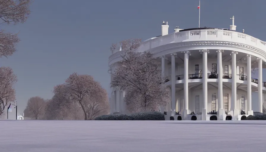 Image similar to empty snowy streets of washington dc, white house, snow dunes, hyperdetailed, artstation, cgsociety, 8 k